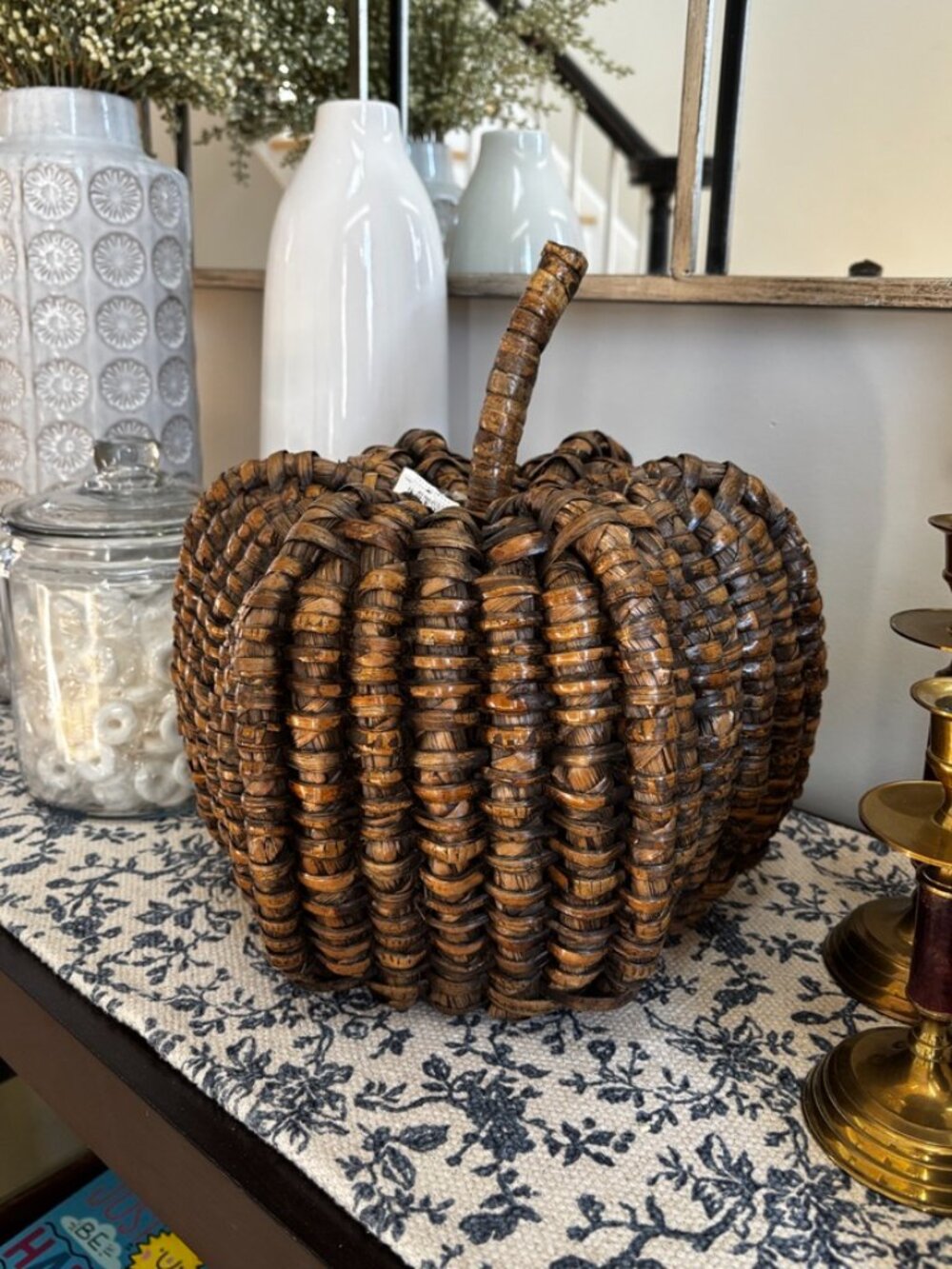 Pottery Barn Brown Woven Wicker Pumpkin Rustic Fall Thanksgiving Decor Tag Attac